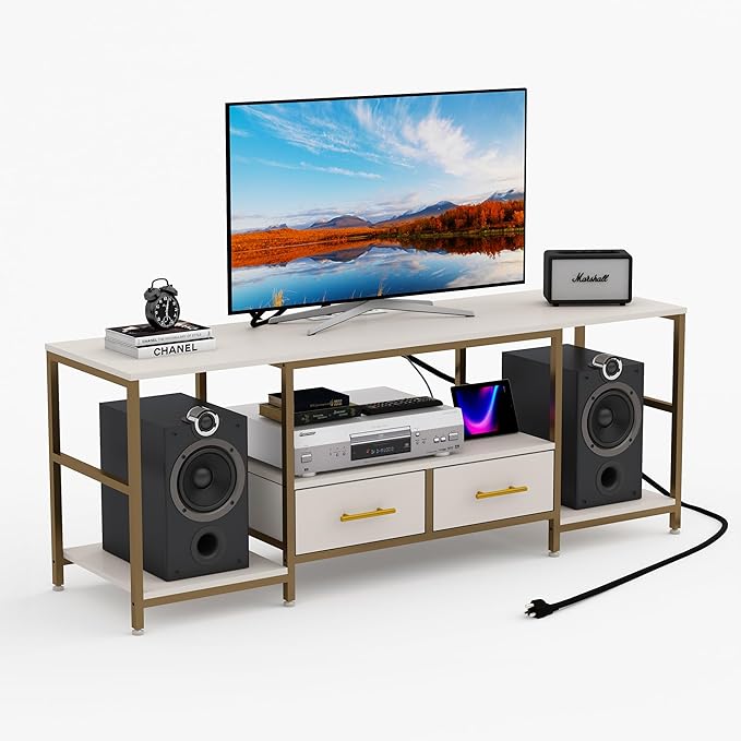 TV Stand for 75 Inch TV, TV Stands for Living Room with 2 Storage Drawers, Entertainment Center with Power Outlets, TV Stand for Bedroom, Television Stands, White/Gold