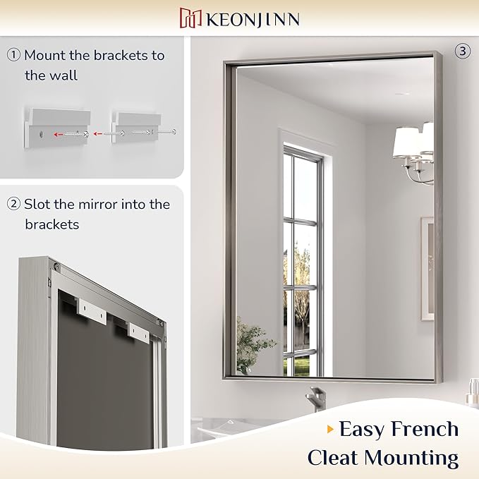 Keonjinn Brushed Nickel Bathroom Mirror 60 x 40 in Rectangle Frame Mirror for Over Sink, Rectangular Metal Framed Vanity Mirror Square Corner Aluminum Alloy Modern Silver Mirror(Horizontal/Vertical)