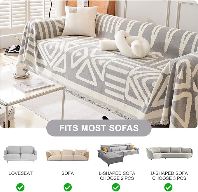 STACYPIK Boho Geometric Sofa Cover Chenille Gray White Cream Triangle Couch Cover for Dog Anti Slip Couch Protector for 3 Cushion Couch Reversible Furniture Covers L Shape Cover for Sectional-91X134IN