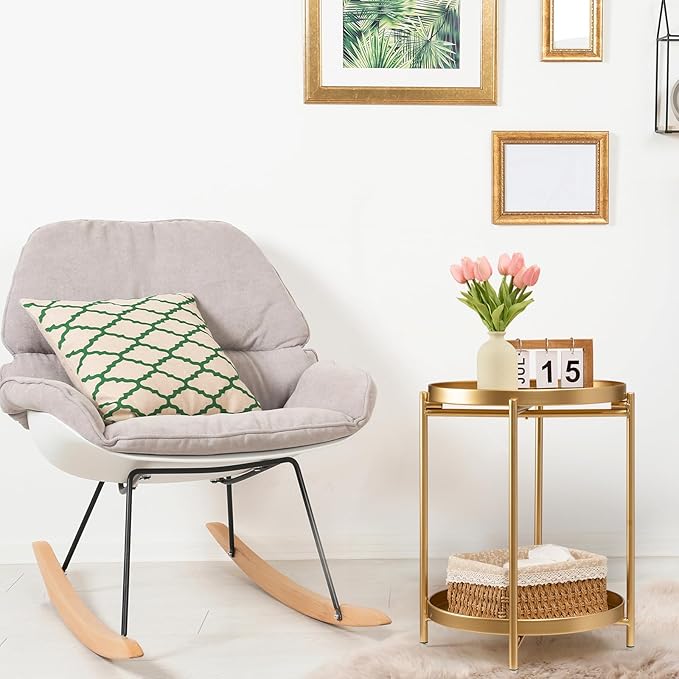 TeoKJ 2 Tier Gold Side Table, Folding Round Metal End Table Small Nightstand with Two Removable Tray for Bedroom Living Room Small Spaces Bedside Gold
