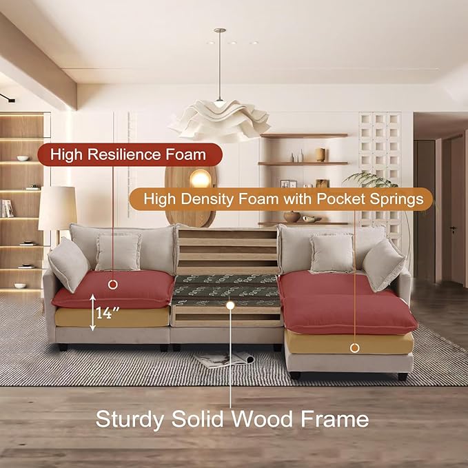 Furniliving 112‘’ L-Shaped Sofa, Luxury Chenille Modular Sectional Couches with Ottoman, Upholstered Deep Seat Sleeper Sofa with Memory Foam and Waist Pillows, Camel
