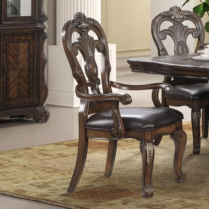 Furniture of America Anatole Traditional Arm Chairs Set of 2, Comfortable Upholstered Seating with Ornate Corbels, Gold Tip Crown Molding and Backrest for Dining Room and Living Room, Dark Brown