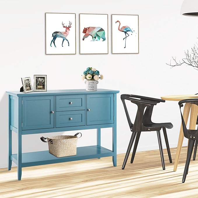 COSTWAY Buffet Sideboard, with 2 Wood Storage Drawers & Open Shelf, Console Table for Living Room Kitchen Dining Room Furniture (Blue)