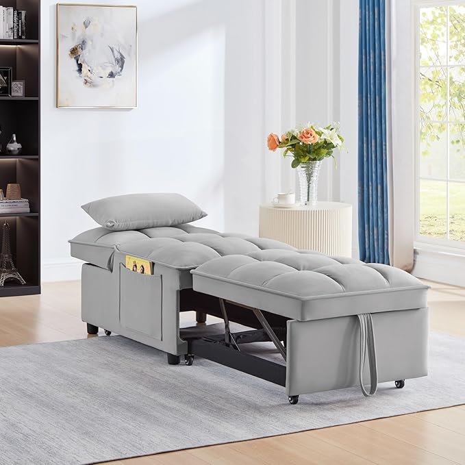 KEIKI Velvet Single Convertible Sleeper Chair Sofa Bed with Adjustable Backrest, Pillows & Storage Pockets, 3 in 1 Pull-Out Couch Chaise Lounge Recliner for Living Room Balcony Bedroom, Grey