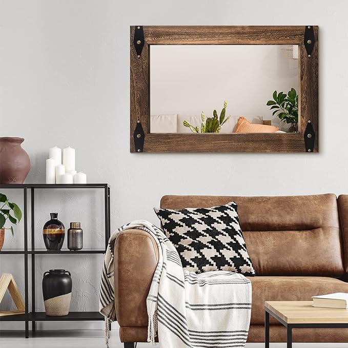 Rustic Wooden Framed Wall Mirror for Bathroom, Farmhouse Decorative Natural Wood Vanity Mirror, Wall Mounted Rectangular Mirror for Bedroom Living Room, Vertical or Horizontal Hanging, 26x40 Inches