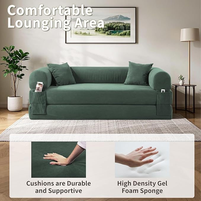 80" Convertible Sofa Bed, Corduroy Deep Seat Folding Pull Out Couch with Pillows, No Assembly Modern Boneless Couch Compression Sofa in Box, Floor Sofa with Storage Pocket for Living Room,Light Green