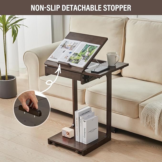CozyDH Rolling Side Table with Wheels, Adjustable C Shaped End Table for Couch, Solid Wood TV Tray Sofa Arm Table for Eating Multi-Purpose, Small Coffee Table Living Room Bedroom, Walnut