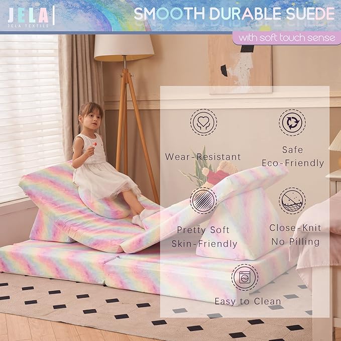 jela Kids Play Couch Castle Extended Size 10PCS with futons, Floor Sofa Modular Furniture for Kids and Adults, Foam Play Couch, Modular Play Sofa Set（Rainbow）