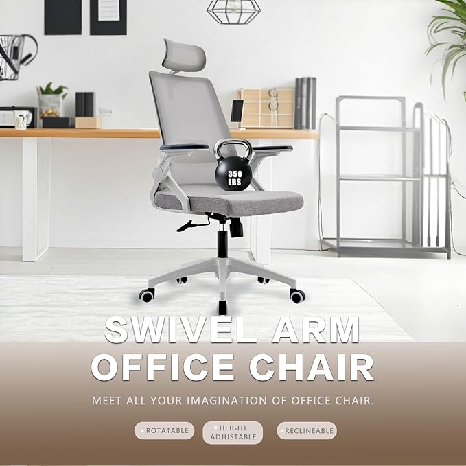 Ergonomic Swivel Task Chair High Back Home Desk Chair Computer Office Chair Mesh Rolling Work Chairs with Headrest and Lumbar Support Grey