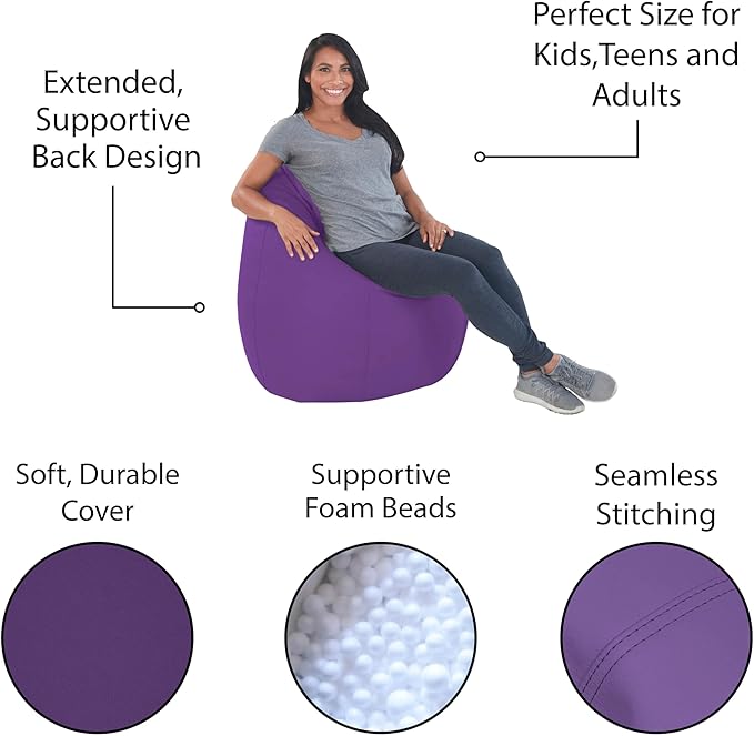 FDP SoftScape Dew Drop Bean Bag Chair with Supportive High-Back Design, For Kids, Teens and Adults, Alternative Seating for Dorms, Schools, Libraries, Daycares or Home - Purple