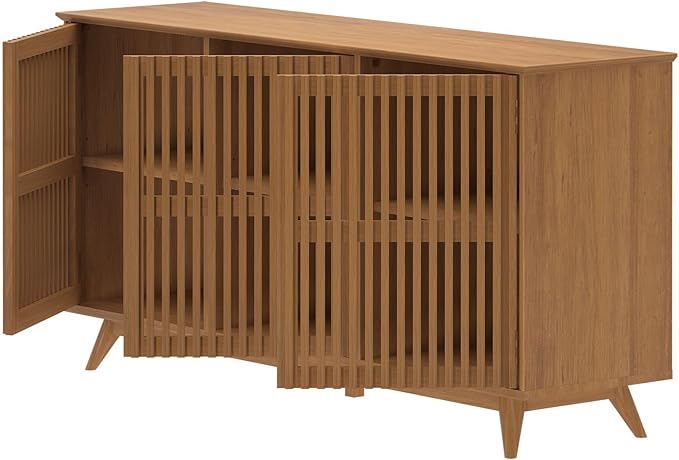 Plank+Beam Mid-Century Modern Wood TV Stand, Three Door Solid Wood Entertainment Console with Storage, 59" L x 16" W x 30" H, Pecan