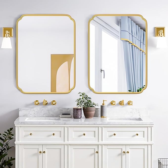 28"x36" Gold Bathroom Mirror with Rustproof Metal Frame, Modern Rounded Corner Wall Mirror for Vanity Over Sink, Horizontal/Vertical Hanging