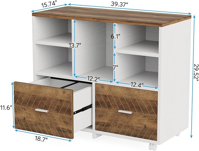 Tribesigns 2-Drawer Wood File Cabinet, Mobile Lateral Filing Cabinet for Hanging Letter Size Files, Printer Stand with Open Storage Shelves for Home Office (Oak Karo & White)