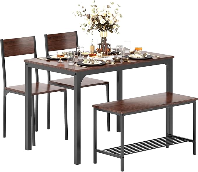sogesfurniture 4 Piece Dining Table Set, Dining Table Set for 4, Kitchen Dinner Table with Benches for 4, Includes Table, 2 Chairs & Bench, Brown