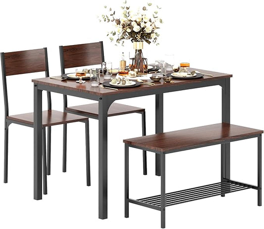 sogesfurniture 4 Piece Dining Table Set, Dining Table Set for 4, Kitchen Dinner Table with Benches for 4, Includes Table, 2 Chairs & Bench, Brown