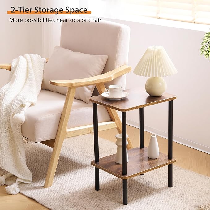 Apicizon 2 Tier End Table Set of 2, Small Side Table with Solid Wood Legs, Boho Bedside Table with Storage Shelf, Nightstand for Small Spaces, Bedroom, Living Room, Entryway, Easy Assembly, Brown