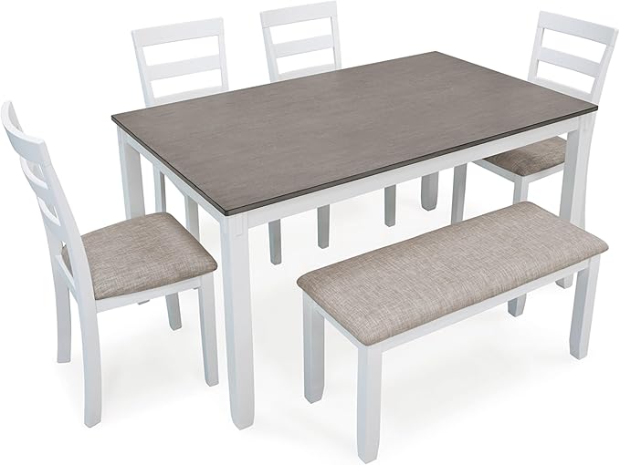 Signature Design by Ashley Stonehollow Modern Farmhouse Dining Table with Upholstered Chairs and Bench, Set of 6, White & Gray
