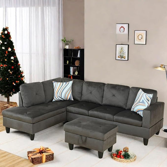 L Shaped Sectional Couch with Otttoman, 97" Sectional Sofa for Living Room Flannel Modular Couches with Cup Holders for Bedroom, Apartments, Grey