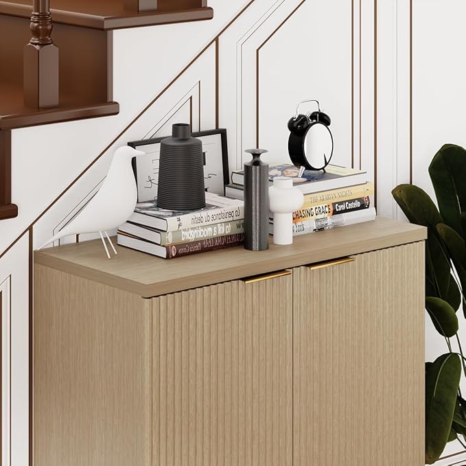 29.5" Sideboard Cabinet with Doors, Modern Buffet Cabinet with Adjustable Shelf, Dining Room Sideboard, Fluted Buffet Sideboard for Living Room, Hallway, Entryway, Natual Oak