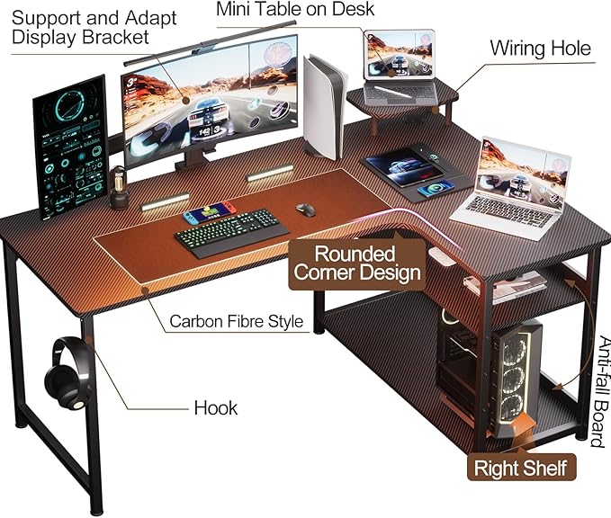 GTPLAYER L Shaped Gaming Desk, Carbon Fiber Style Computer Desk with Monitor Shelf and Hook, Black Small L Shape Desk with Adjustable Open Storage Shelf, Corner PC Table for Small Space Home Office