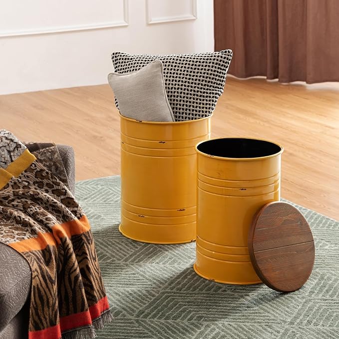 Glitzhome Farmhouse Accent Side Table, Metal Storage Stool Ottoman with Round Lid - Galvanized Coffee Cocktail End Tables Set of 2 for Living Room Bedroom, Yellow
