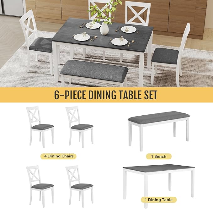 6-Piece Solid Wood Dining Table Set, Including 1 Dining Table, 4 Upholstered Chairs and 1 Bench, Wooden Legs Dining Table Set for Dining Room, Kitchen, Restaurant, White