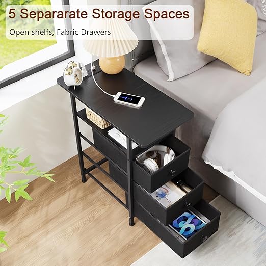 AMHANCIBLE End Tables Living Room with Charging Station, Narrow Side Table with USB Ports and Outlets, Slim Nightstand with 3 Fabric Drawers for Bedroom, Small Space, Black, HETN013BK-1