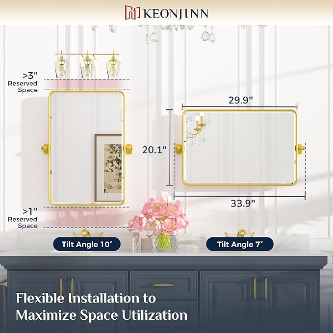 Keonjinn Brushed Gold Pivot Mirror Bathroom, 20x30 in Tilt Mirror Bathroom for Over Sink, Rounded Corner Modern Pivot Rectangle Mirrors, Metal Framed Beveled Bathrooms Mirror (Horizontal/Vertical)
