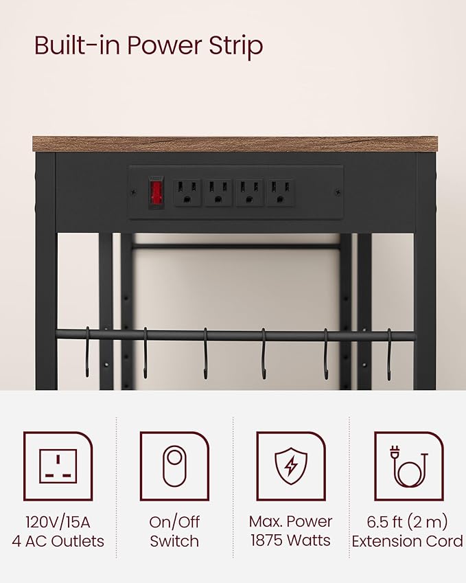 VASAGLE Baker's Rack, Coffee Bar Stand with Charging Station, Storage Shelves, Pull-Out Wire Basket, Table for Microwave, Kitchen, Rustic Walnut UKKS036K41, 15.7 x 35.4 x 35.6 Inches