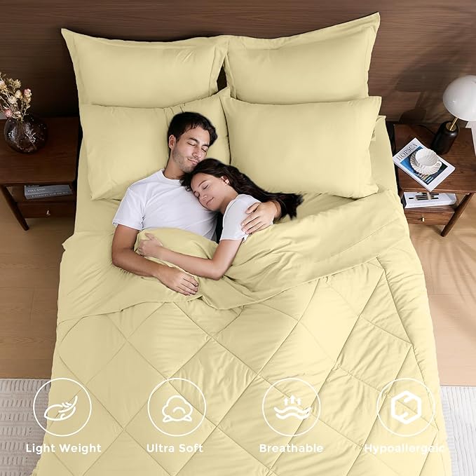 HEVUMYI Cream Yellow Queen Comforter Set - 7-Piece All Season Bed in a Bag Queen, Ultra Soft Bedding Set with Comforter, Flat Sheet, Fitted Sheet, Pillowcases, Pillow Shams