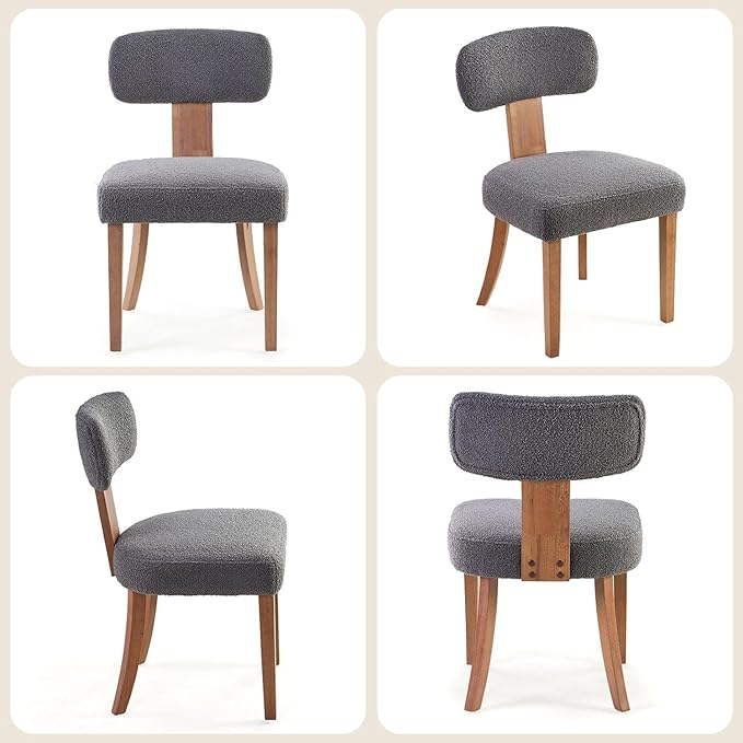 Farmhouse Chair Set of 2, Mid Century Modern Dining Chairs, Sherpa Upholstered Kitchen Chairs with Curved Backrest & Adjustable Legs for Living Room/Bedroom, Easy to Install, Grey Sherpa