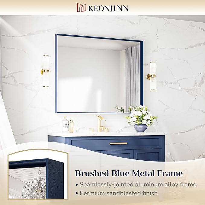 Keonjinn 42 x 36 Inch Blue Framed Mirror Bathroom Vanity Mirror for Wall Metal Frame Rectangle Navy Blue Bathroom Mirror Large Square Corner Modern Farmhouse Mirror for Over Sink(Horizontal/Vertical)