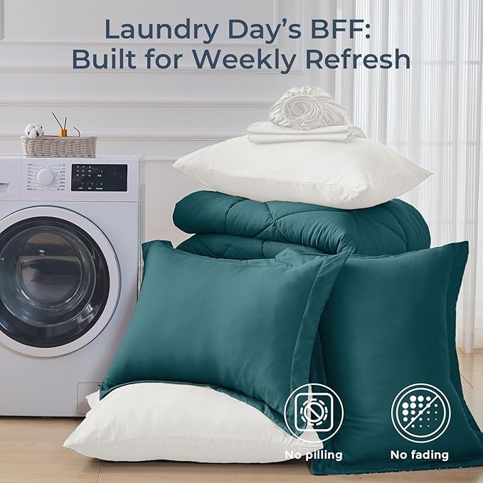 HEVUMYI King Comforter Set - 7-Piece All Season Bed in a Bag King, Ultra Soft Bedding Set with Comforter, Flat Sheet, Fitted Sheet, Pillowcases, Pillow Shams, Peacock Blue & Ivory