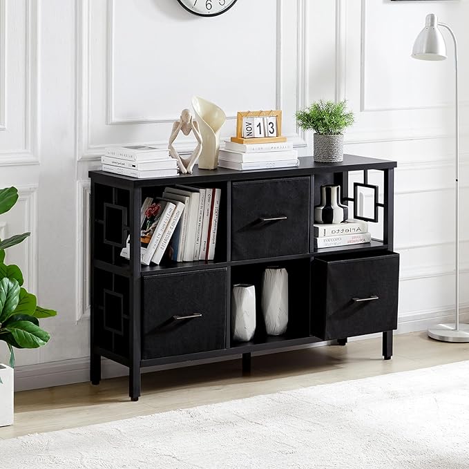 HOMISSUE 6 Cube Storage Organizer Shelf, Rustic Short Bookshelf with 3 Storage Bins, Industrial Horizontal Bookshelf with Metal Frame, Low and Wide Cube Bookcase for Living Room and Office, Black