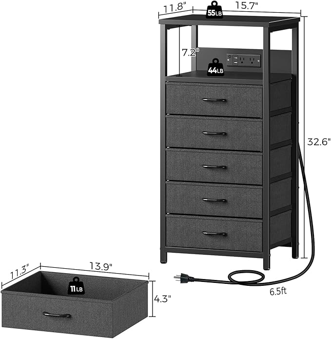 Seventable Night Stand with Charging Station, Tall Nightstand with 5 Fabric Storage Drawers, Side Table with LED Light for Bedroom, Entryway, Black, Set of 2