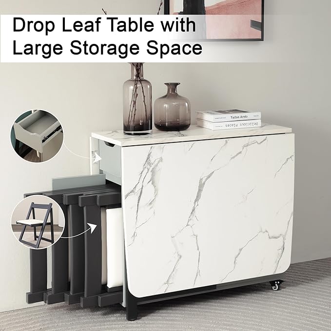 Foldable Space Saving Dining Table Extendable, Folding Dining Table with Storage and Wheels 2-Layers, Versatile Drop Leaf Table Modern for Living Room, Kitchen, RV Campers (Grey)
