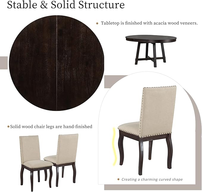5 Pieces Dining Table Set with 43" Round Extendable Desk,Living Room Furniture W/ 4 Upholstered Curved Legs Chairs,for Restaurant,Home Bistro,Espresso