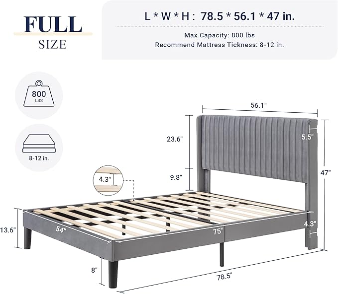Allewie Full Size Velvet Bed Frame/Vertical Channel Tufted Wingback Headboard/Upholstered Platform Bed/Strong Wooden Slats/No Box Spring Needed/Easy Assembly/Grey
