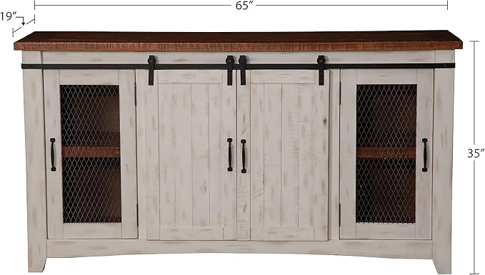 Martin Svensson Home Rustic 65” Solid Wood TV Stand with Storage, White and Aged Distressed Pine