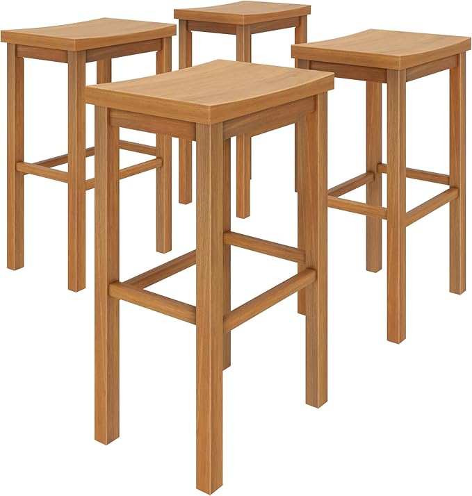 Grain & Grove Smith Collection Set of 4 Solid Wood Bar Stools, 30 inch Saddle-Seat Bar Chairs, Backless, Heavy-Duty Construction, Footrest Support, for Kitchen Islands, Home Bars, and Counters, Pecan