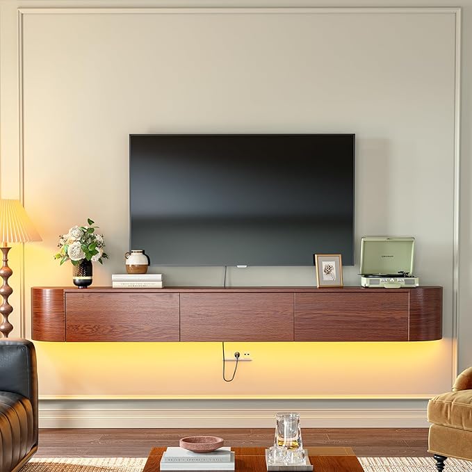 Fully Assembled Floating TV Stand with Drawers, 63IN Vintage Wall Mounted Entertainment Center, Minimalist Large Storage Console Under TV, Solid Wood Media Shelf for Living Room, Bedroom