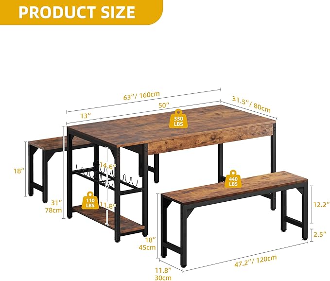 DWVO 3-Pieces Dining Room Table Set for 4 People 63" Large Dining Table with 2 Benches Rectangle Industrial Kitchen Table for 4 with Metal Frame & 2 Storage Shelves for Small Space Kitchen Brown