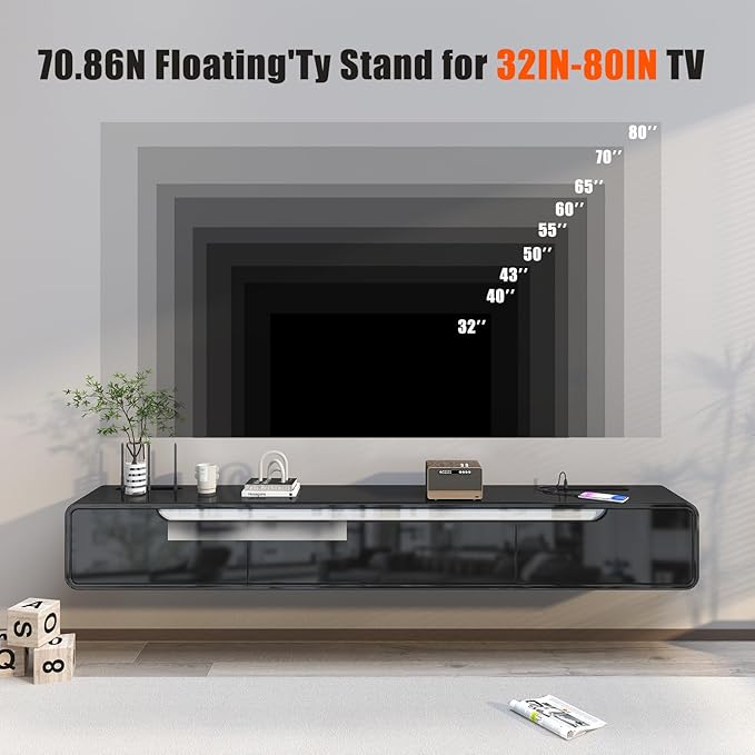 CENOVE High Gloss Floating TV Stand with 3 Doors,70.8'' Wall Mounted TV Cabinet,Under TV Console,Floating Media Shelft for Bedroom Living Room(Black