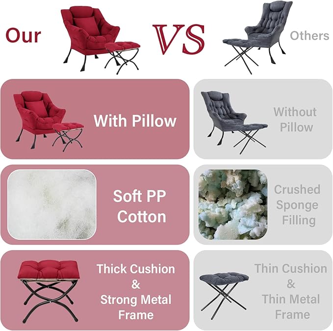 Lazy Chair with Ottoman, Comfy Reading Lounge Chair with Footstool & Throw Pillow Modern with Armrests & Side Pocket for Living Room, Bedroom, Dorm Room, Burgundy