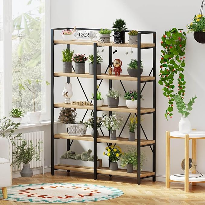 FATORRI Bookshelf, 5 Tier Industrial, Tall Etagere Bookcase, Rustic Wood and Metal Book Shelf with Large Open Shelving Unit for Home Office Living Room (Rustic Oak, 51 Inch Wide)