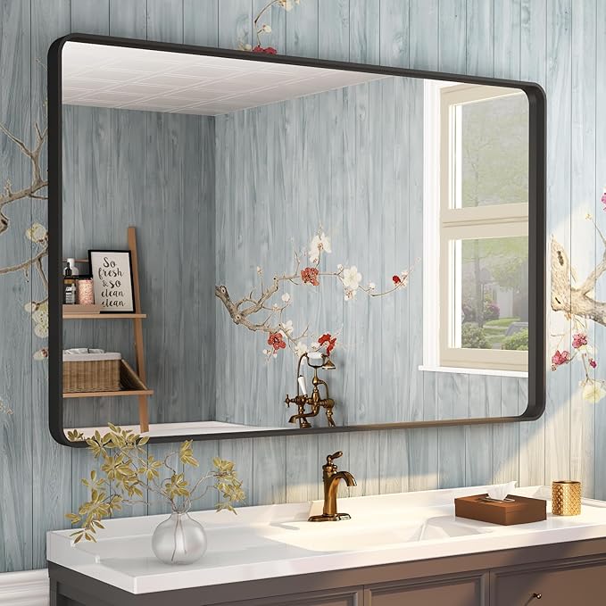 48x36 Matte Black Bathroom Mirror, Modern Rectangle Metal Framed Mirrors for Wall, Rounded Corners, Shatter-Proof (Horizontal/Vertical)