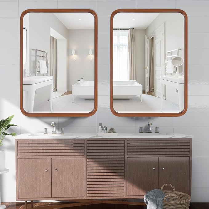 WallBeyond 30x40 Inch Wood Mirror for Bathroom, Wooden Frame Wall Mirror Farmhouse Wall Mounted Rectangle Mirror for Vanity (Horizontal/Vertical Walnut Color)