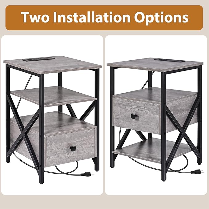End Tables with Charging Station, Grey Charging Side Table Bedside Table with Outlets, Night Stands with Wood Drawer, Nightstand with Storage for Bedroom, Living Room