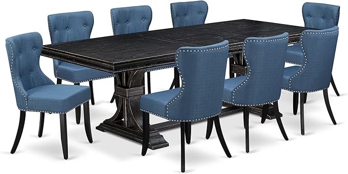 LESI9-SBB-21-9-Piece Dining Room Set Consists of a Modern Table and 8 Blue Linen Fabric Dining Room Chairs with Button Tufted Back - Sand Blasting Black Finish