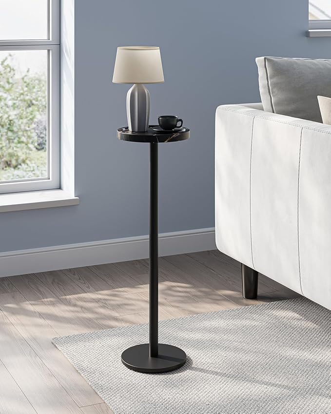 Drink Table, Small Pedestal Side Table, Round Cocktail Table, Circle End Table with Metal Base, for Small Spaces, Faux Marble, Black